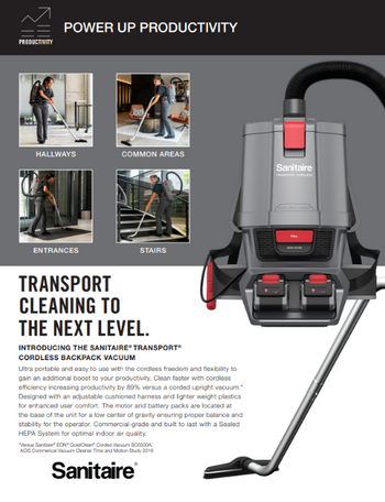 Brochure for TRANSPORT® Commercial Cordless Backpack Vacuum SC580A