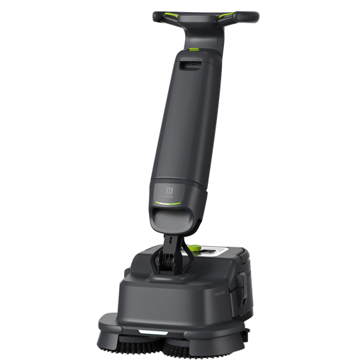  A Pude SH1 wet floor cleaner with a dark gray handle and base, accented with small lime green details, shown against a solid white background., view 1  