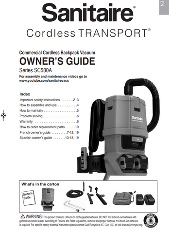 Owner's Guide for TRANSPORT® Commercial Cordless Backpack Vacuum SC580A