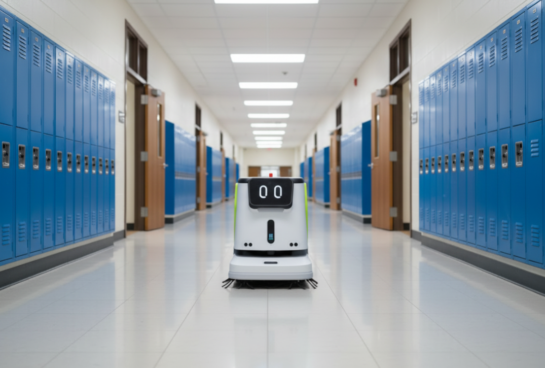  Robotic device in a school hallway with blue lockers on either side, view   